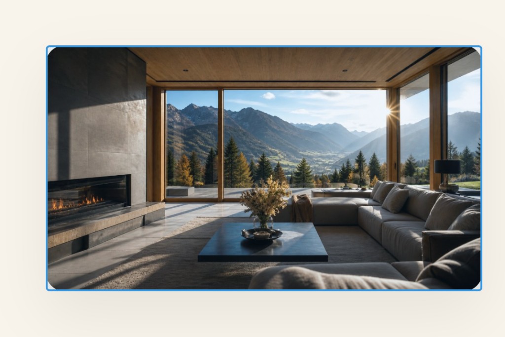 Hell geführter Chalet-Wohnraum mit Kaminwand und panoramischer Glasfront zu Bergen und Tal – ruhige Luxury-Atmosphäre in Tirol.